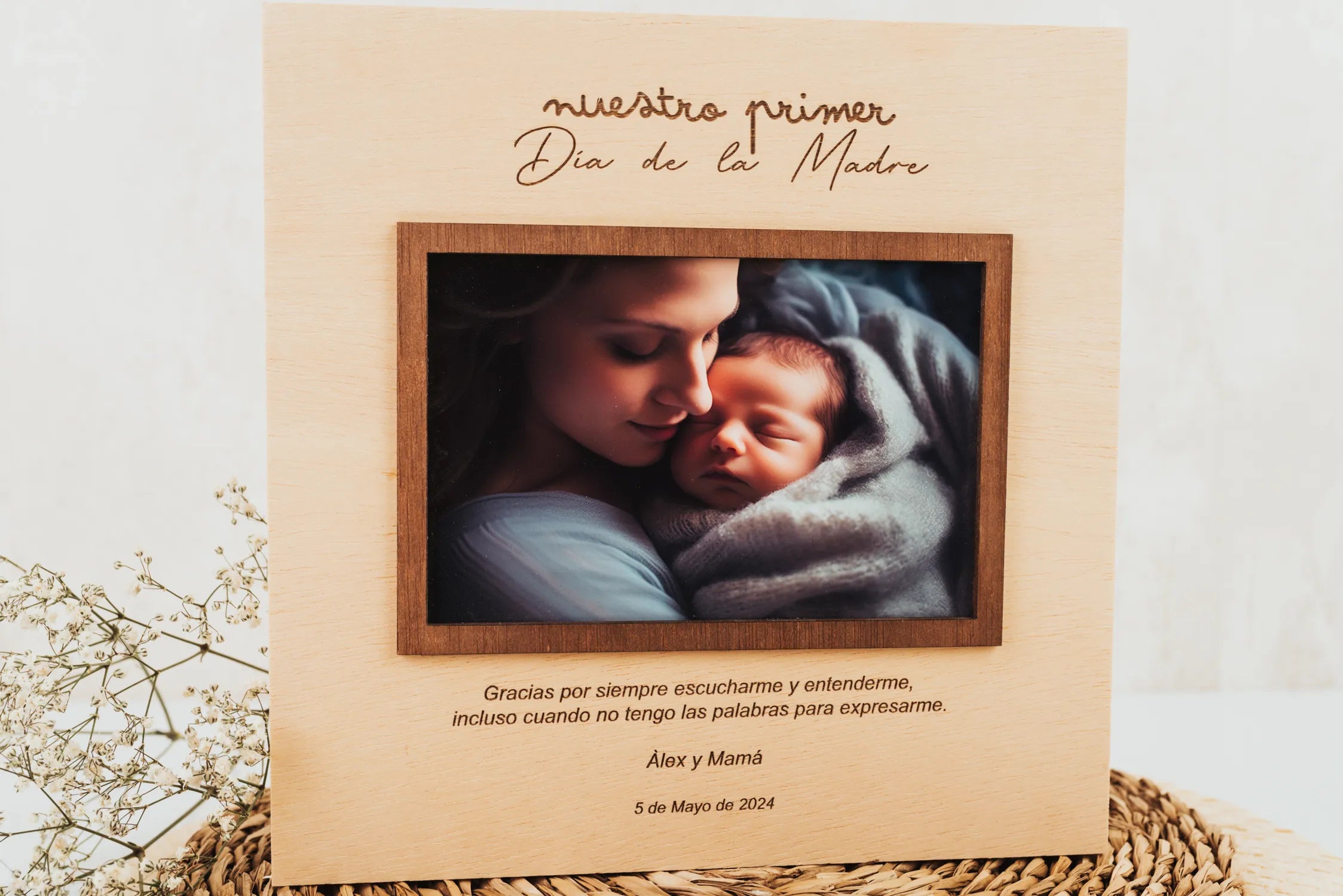 Marco fotos madera personalizado Día de la Madre con grabado láser y foto madre e hijo recién nacido