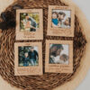Cuatro portafotos imán personalizados Día del Padre estilo Polaroid en madera grabada con fotos familiares, sobre cesta mimbre