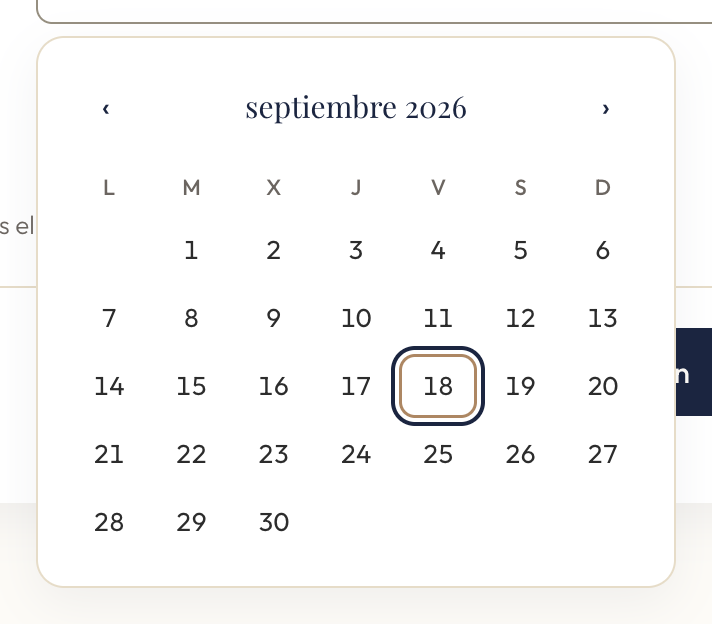 Calendario desplegado dentro de la página para elegir la fecha de la ocasión