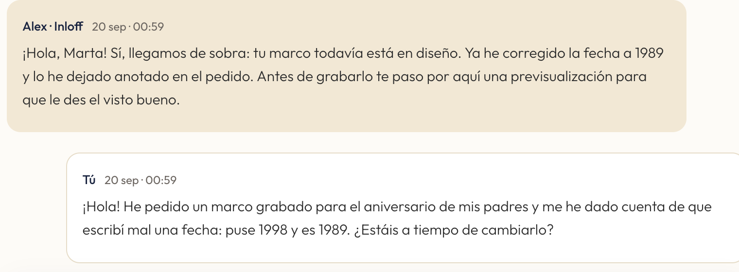 Hilo de una consulta con la respuesta del taller encima y el mensaje del cliente debajo