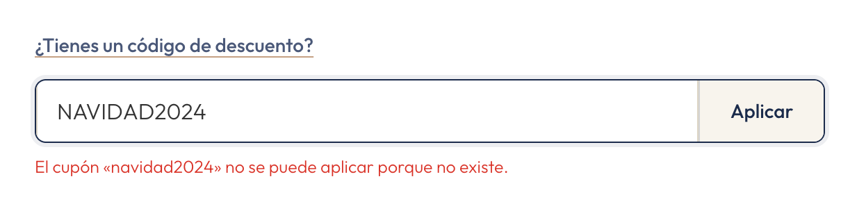Campo de código de descuento con el mensaje de error en rojo justo debajo