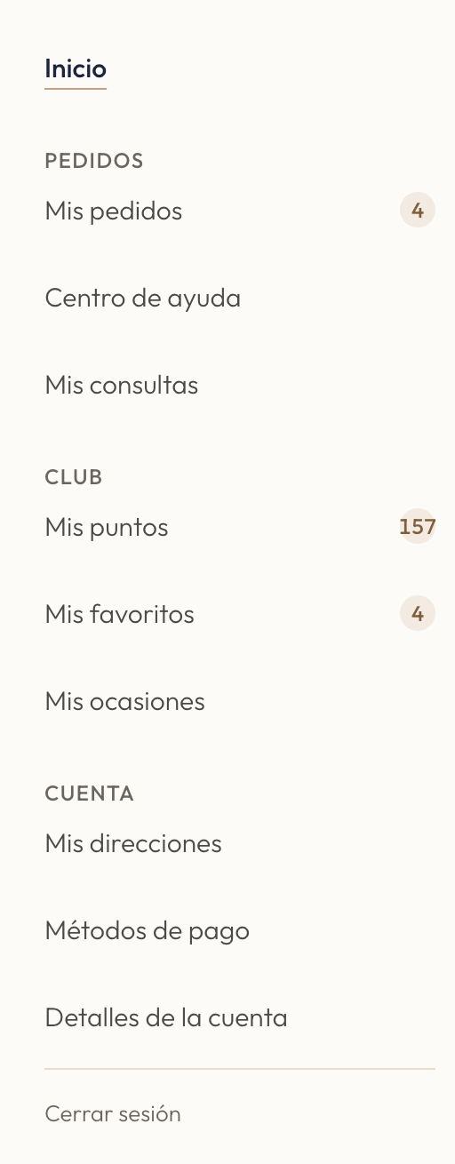 Columna lateral de Mi cuenta con las secciones agrupadas en Pedidos, Club y Cuenta