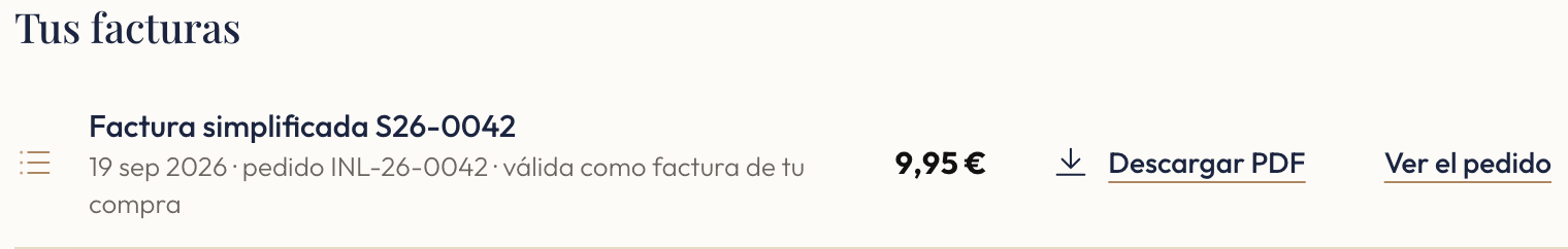 Listado de facturas del cliente con una factura simplificada y su botón de descarga