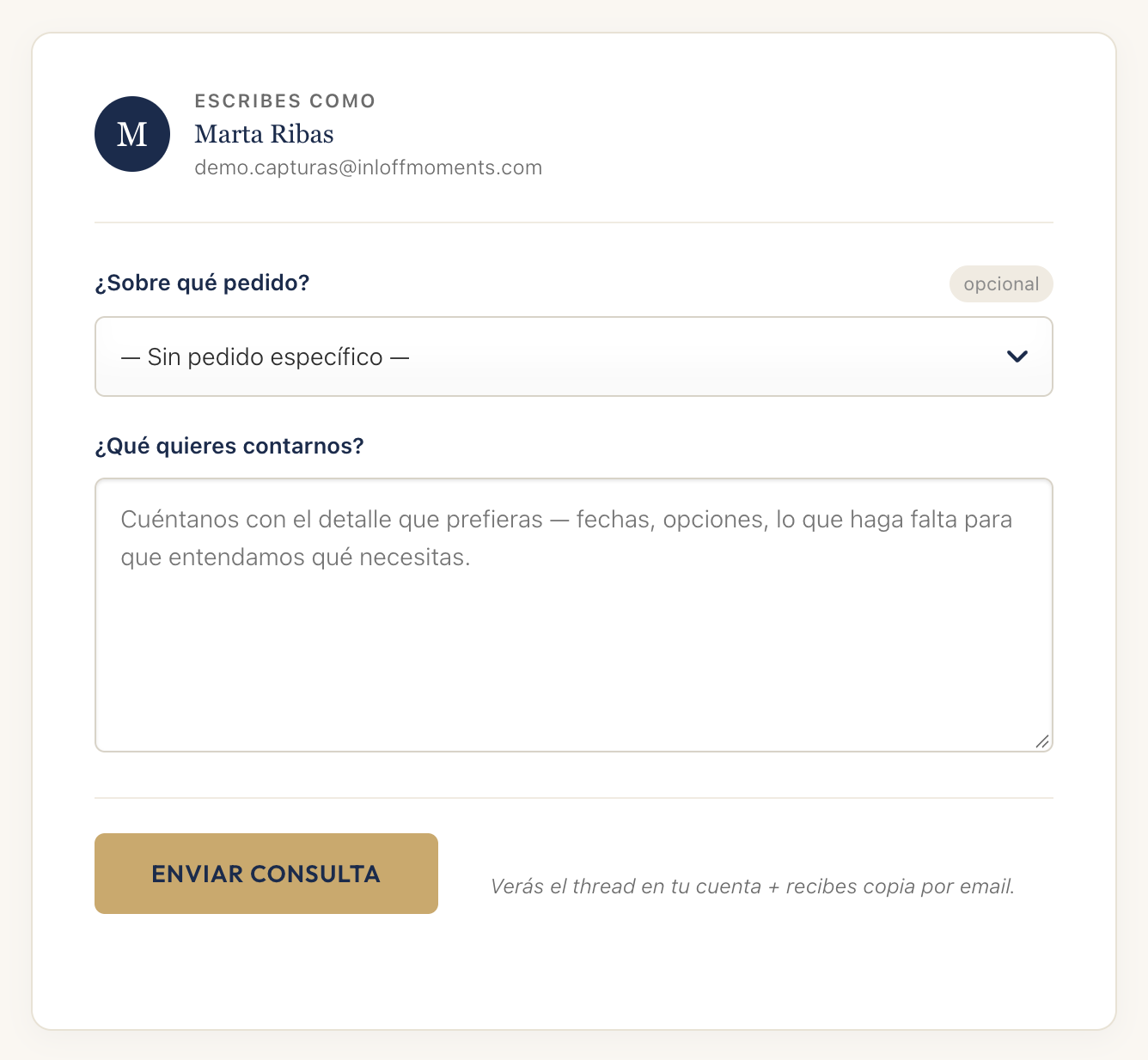 Formulario de contacto del centro de ayuda con los campos de nombre, correo y mensaje