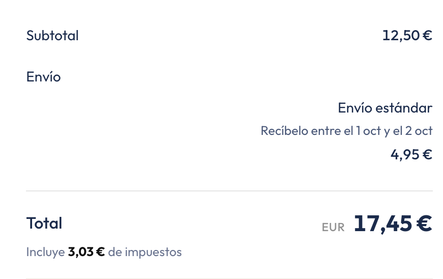 Bloque de totales de la pantalla de pago con subtotal, envío, total y la línea de impuestos