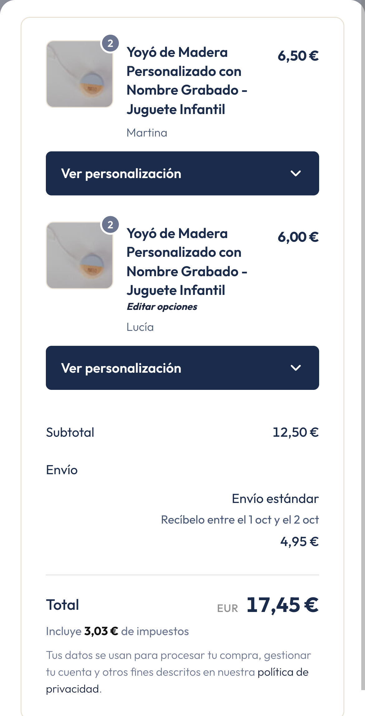 Resumen del pedido abierto en el móvil con la línea de impuestos