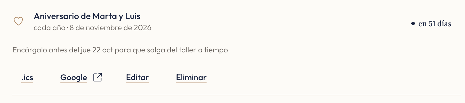 Una ocasión guardada con su fecha, la fecha límite de encargo y la fila de ideas