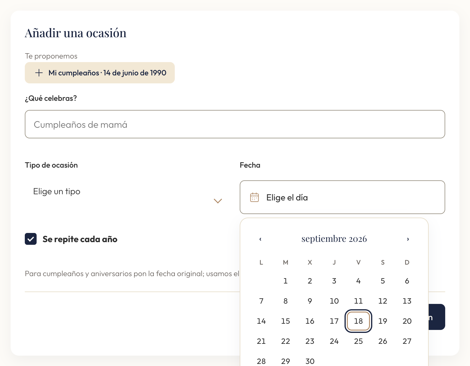 Formulario para añadir una ocasión con el nombre, el tipo, la fecha y la casilla de repetir cada año
