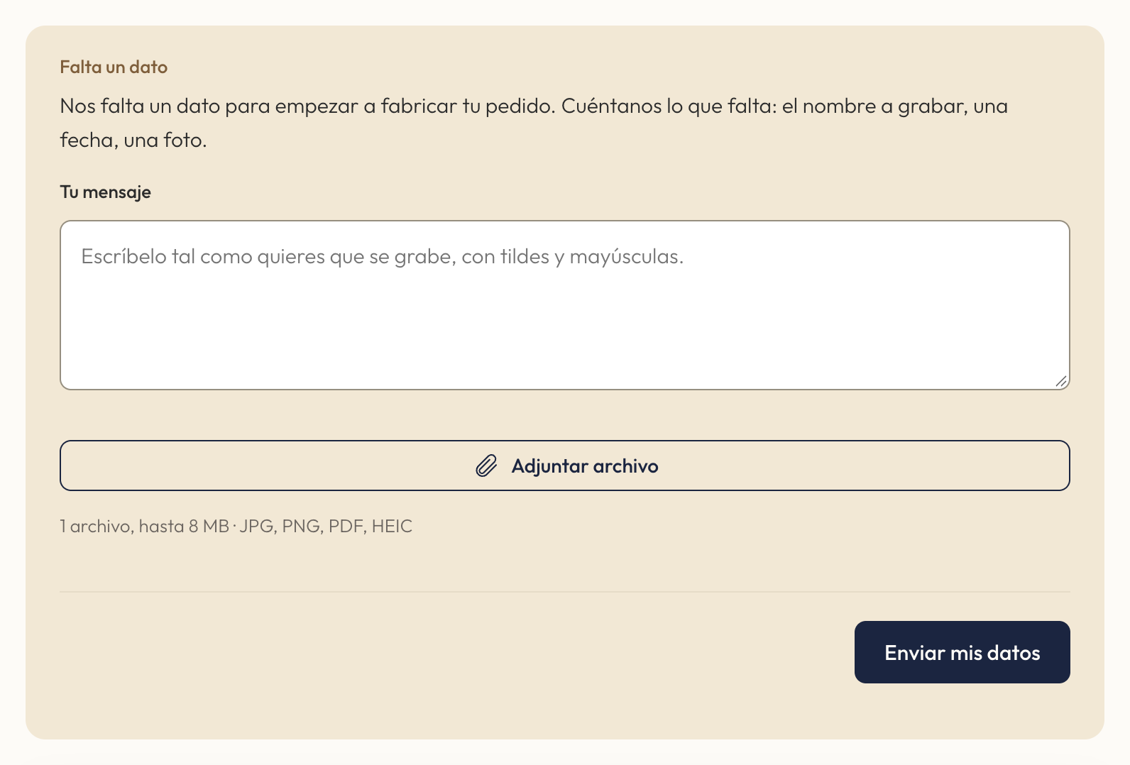Formulario del dato pendiente con el área de texto, el botón de adjuntar y el de enviar