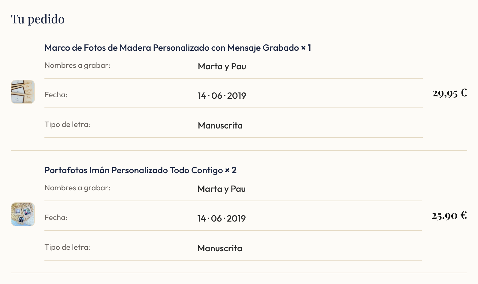 Bloque Lo que personalizaste con los datos que escribió el cliente