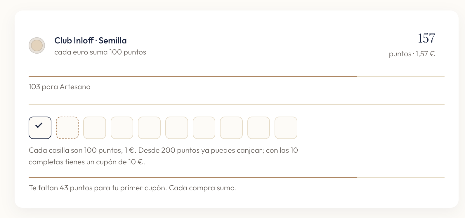 Parte alta de la ficha del Club con el saldo de puntos, el nivel y la barra de progreso