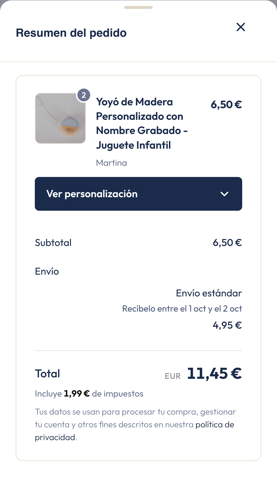 Resumen del pedido abierto en el móvil, con la línea de envío
