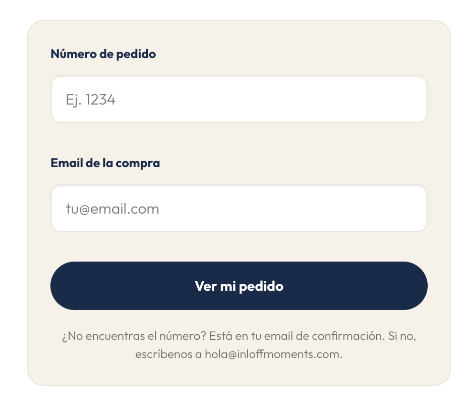 Formulario de seguimiento con los campos de número de pedido y correo