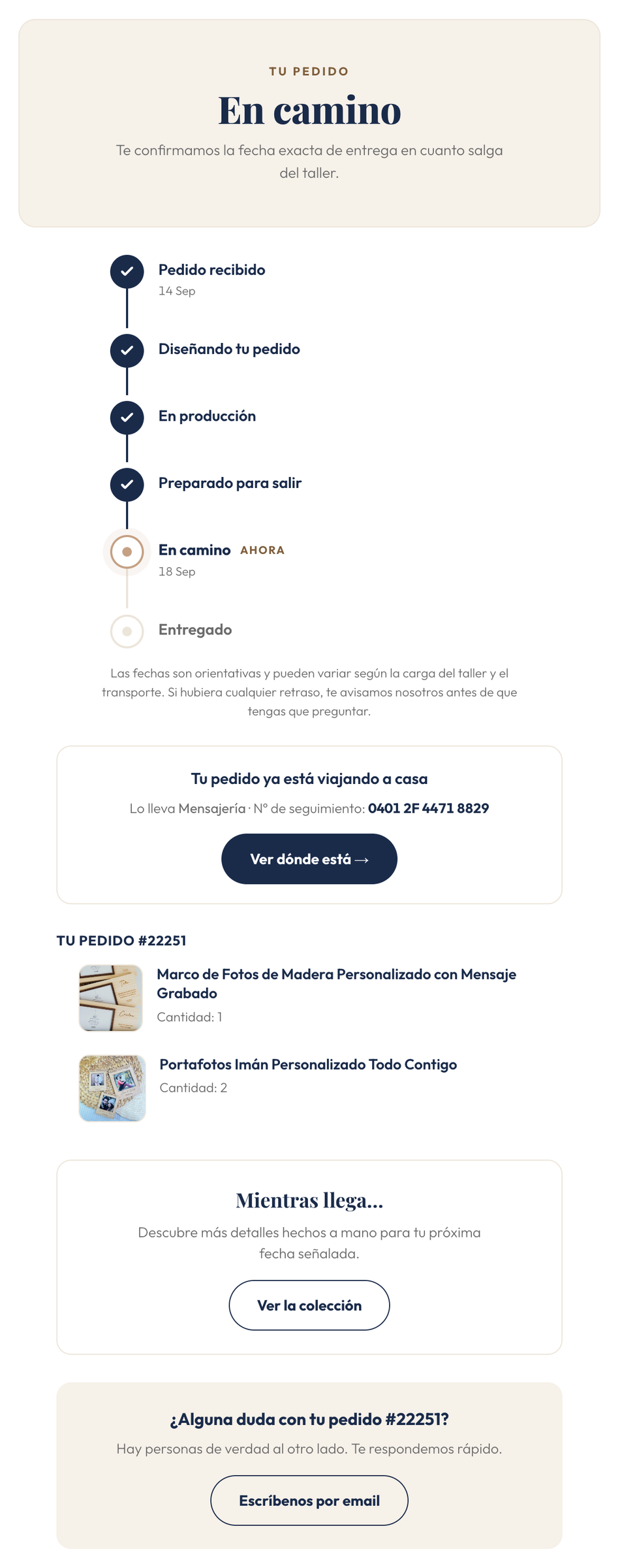 Resultado del seguimiento con las fases del pedido y la fecha de entrega prevista