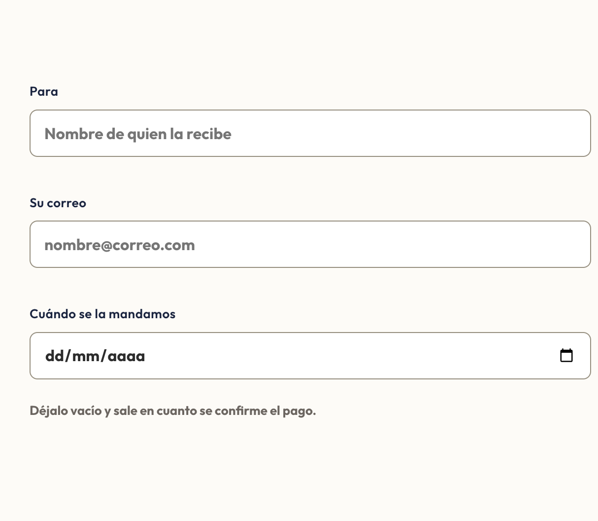 Configurador de la tarjeta regalo con las opciones de entrega y el campo de fecha de envío