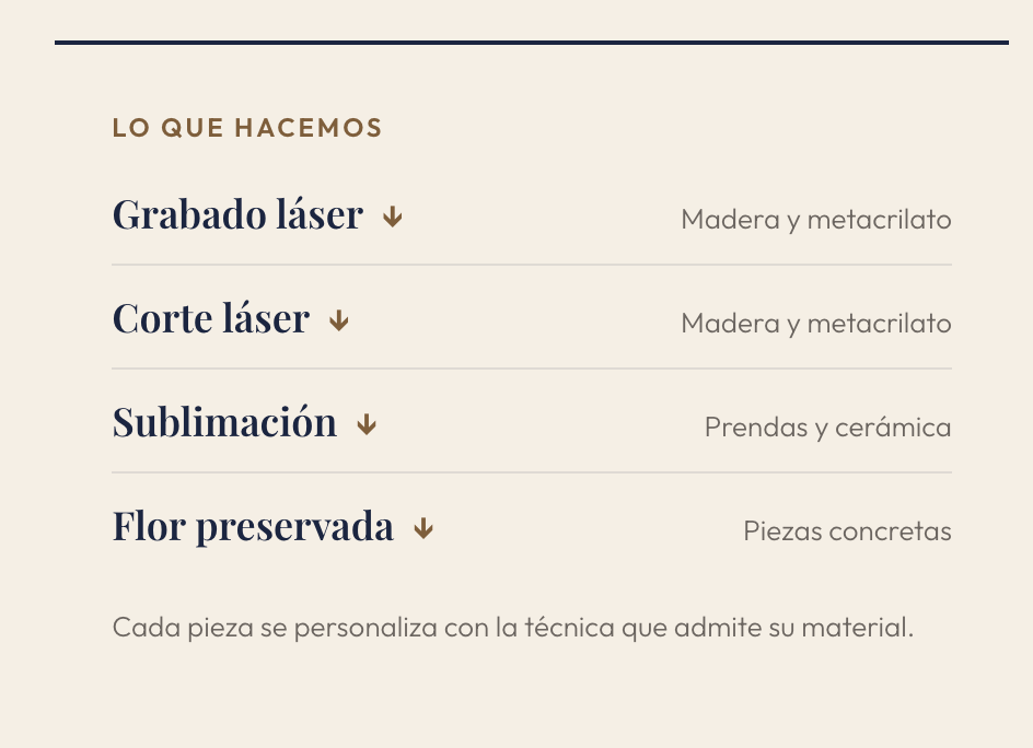Índice de técnicas de la página de tipos de personalización, con el material de cada una