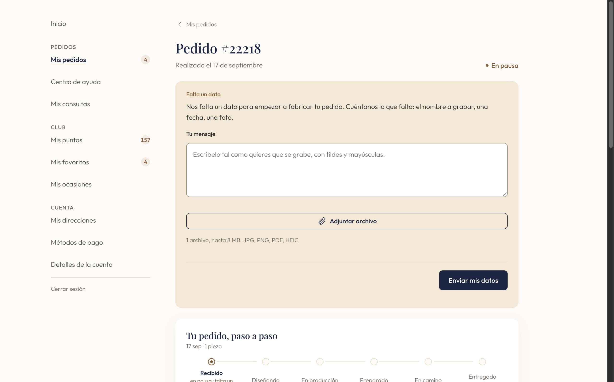 Pedido en pausa con el formulario para enviar el dato que falta y adjuntar un archivo